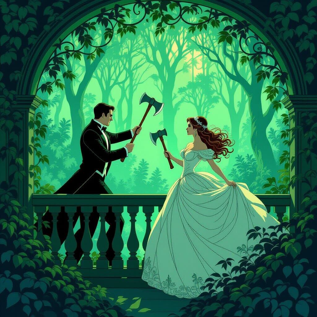 Party guests fighting invasive vine in green mist!