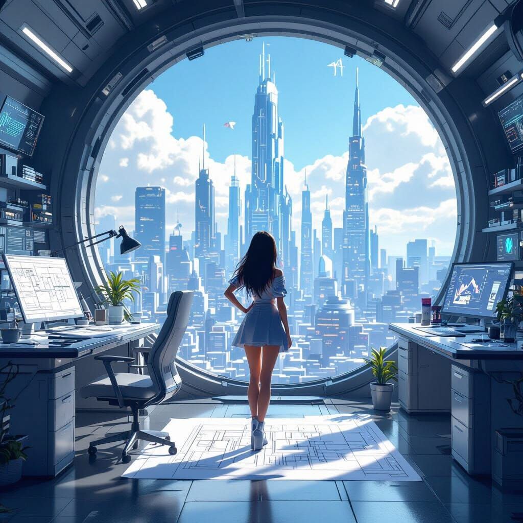 Anime Architect in Futuristic Studio, Epic 3D Graphics