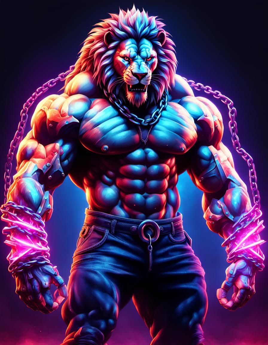 anthropomorphic lion man with massive muscular muscle ,8k resolution concept art with chains,spikes and huge claws