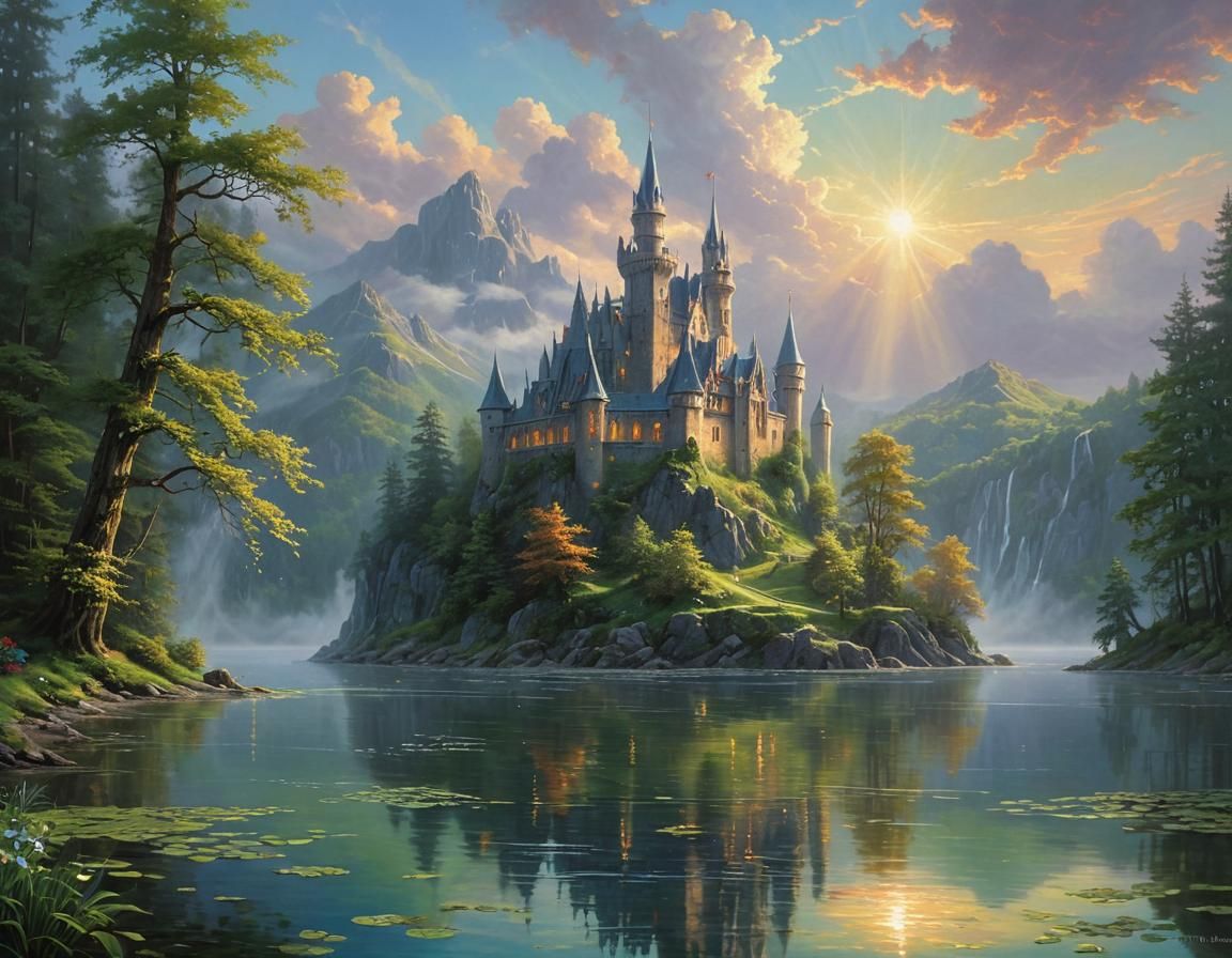 Fairytale Castle on Island in Lake, Oil Painting