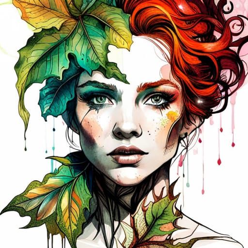 Detailed Portrait of Poison Ivy in Vibrant Lineart