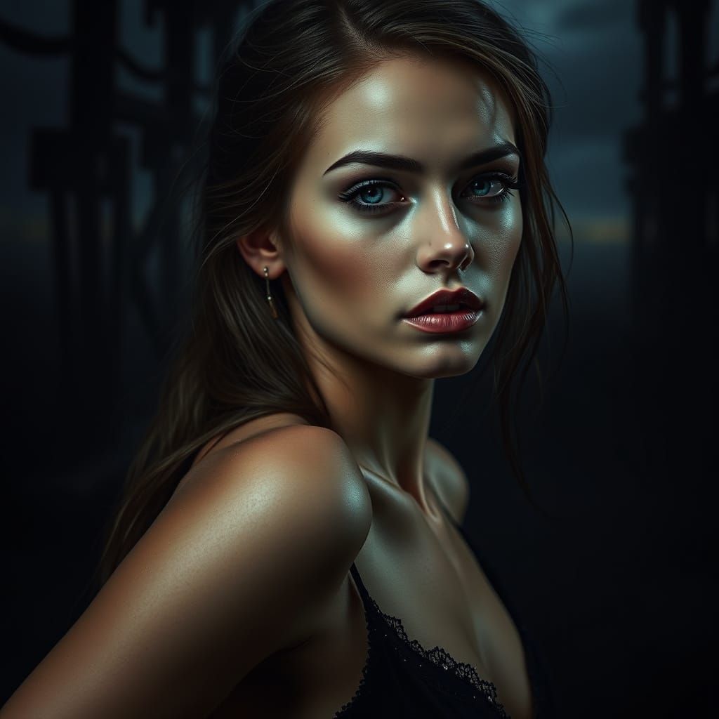 A Hauntingly Beautiful Woman in a Dark Dystopian Night