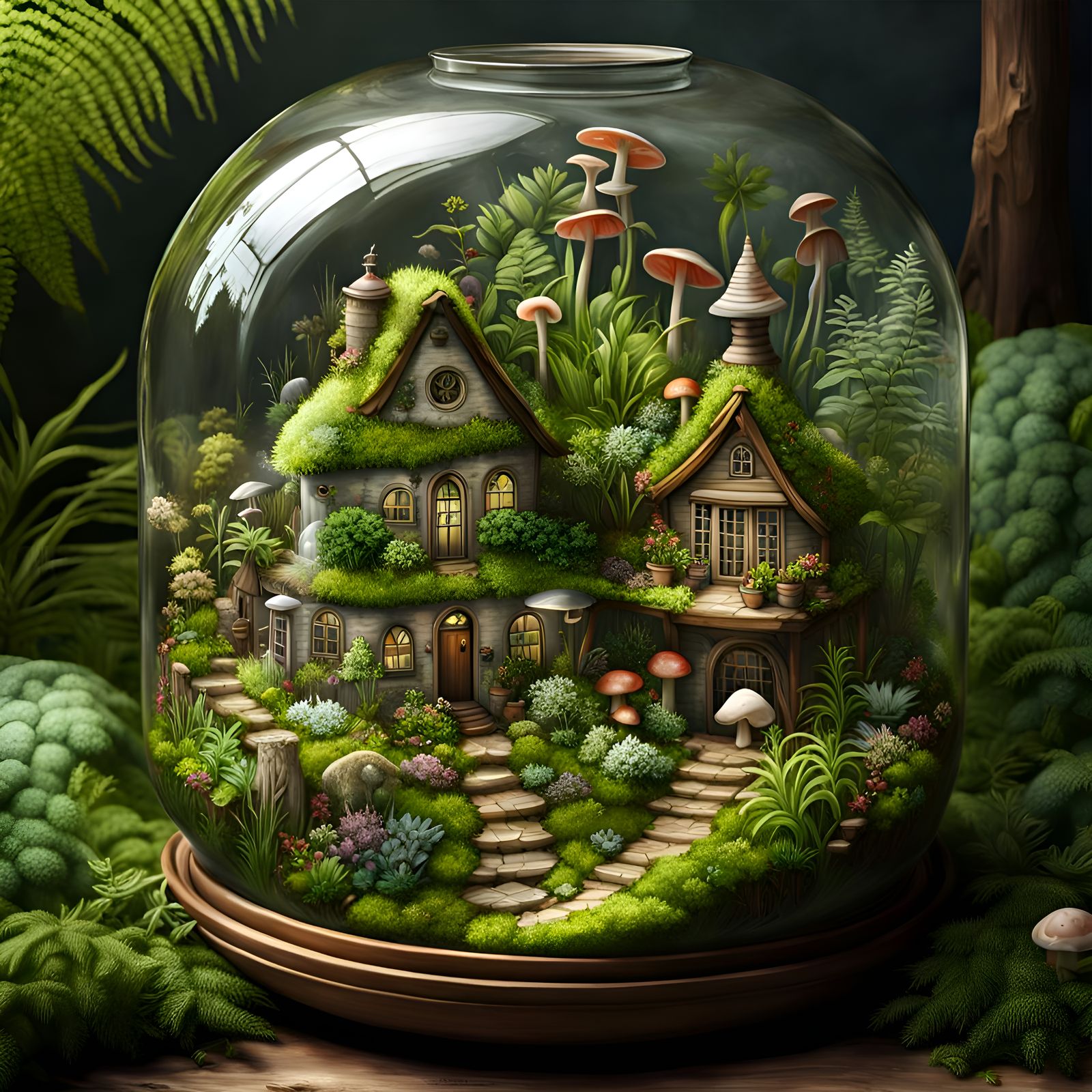 Hyperrealistic Terrarium: Miniature Garden Ecosystem