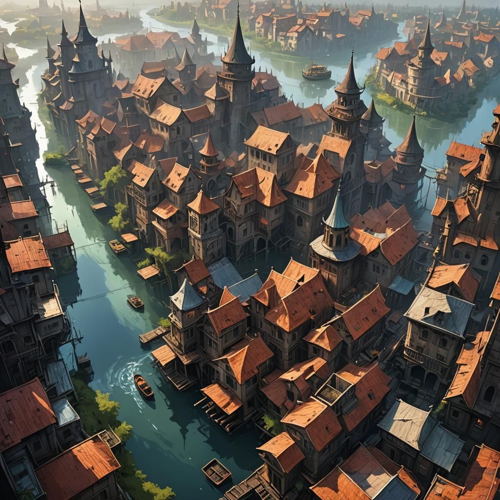 Dramatic Fantasy Cityscape with Factories and Dynamic Lighti...