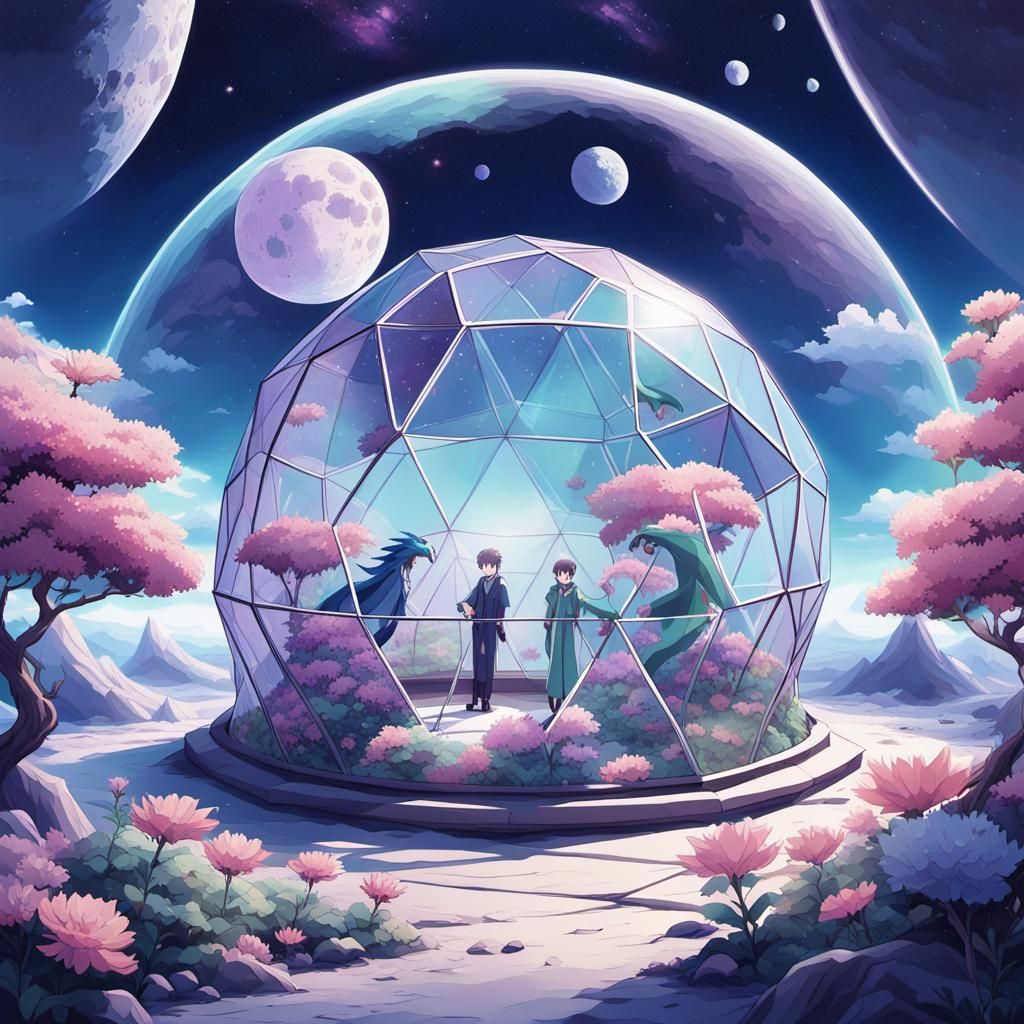 Dragons Nurturing Lunar Garden in Anime Style