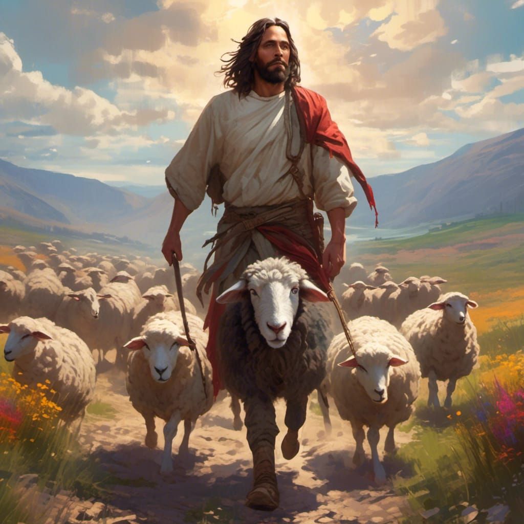 <lora:Animation:1.0> A Shepard that resembles Jesus Christ the person is leaving behind 99 sheep and walking toward one ...