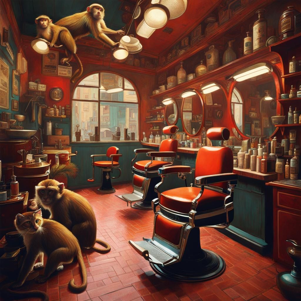 Barber Shop with Monkeys and Cats Illustration