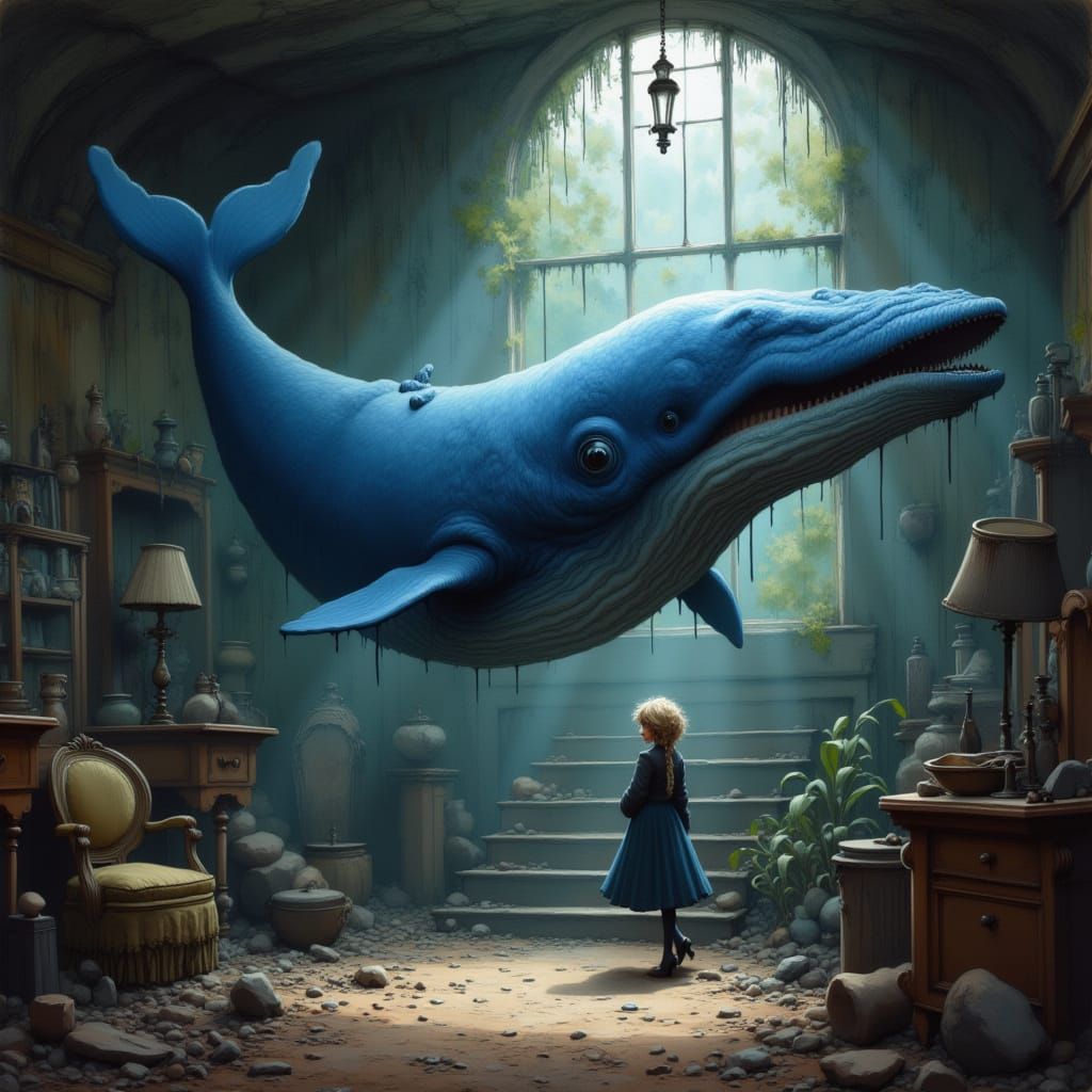Blue Whale Swims Through Dusty Attic in Surreal Digital Pain...