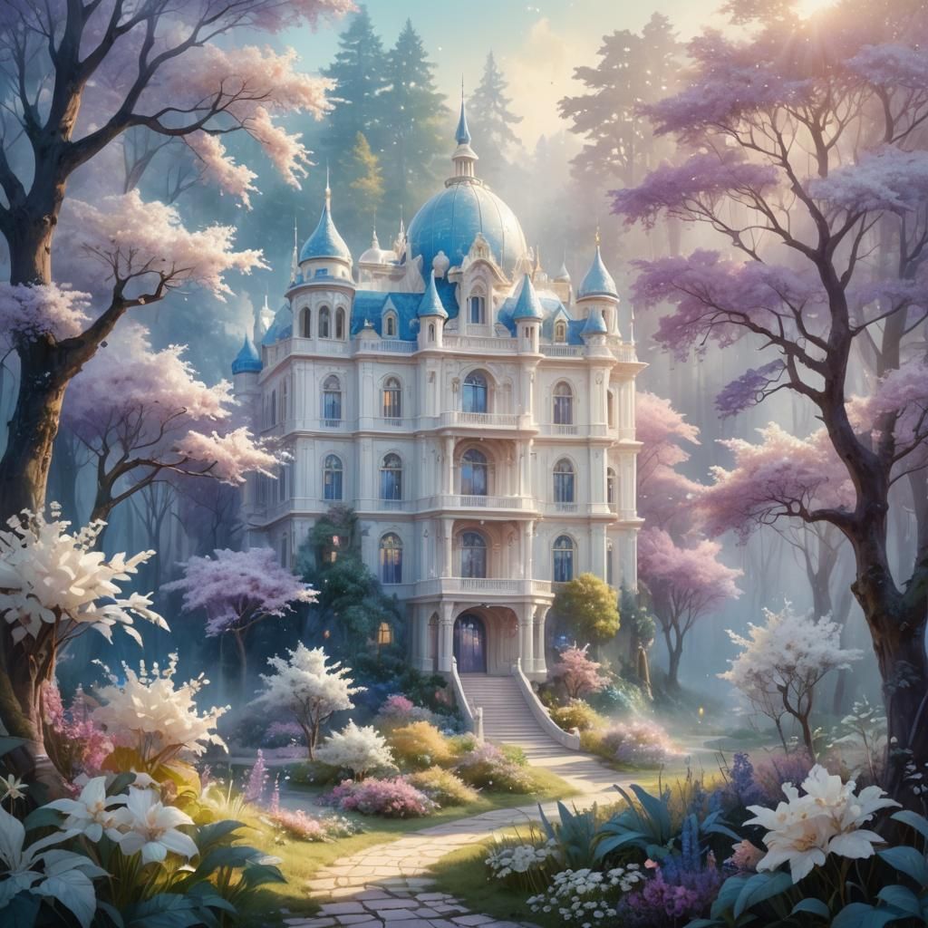 Majestic White Palace in Pastel Forest: Digital Art