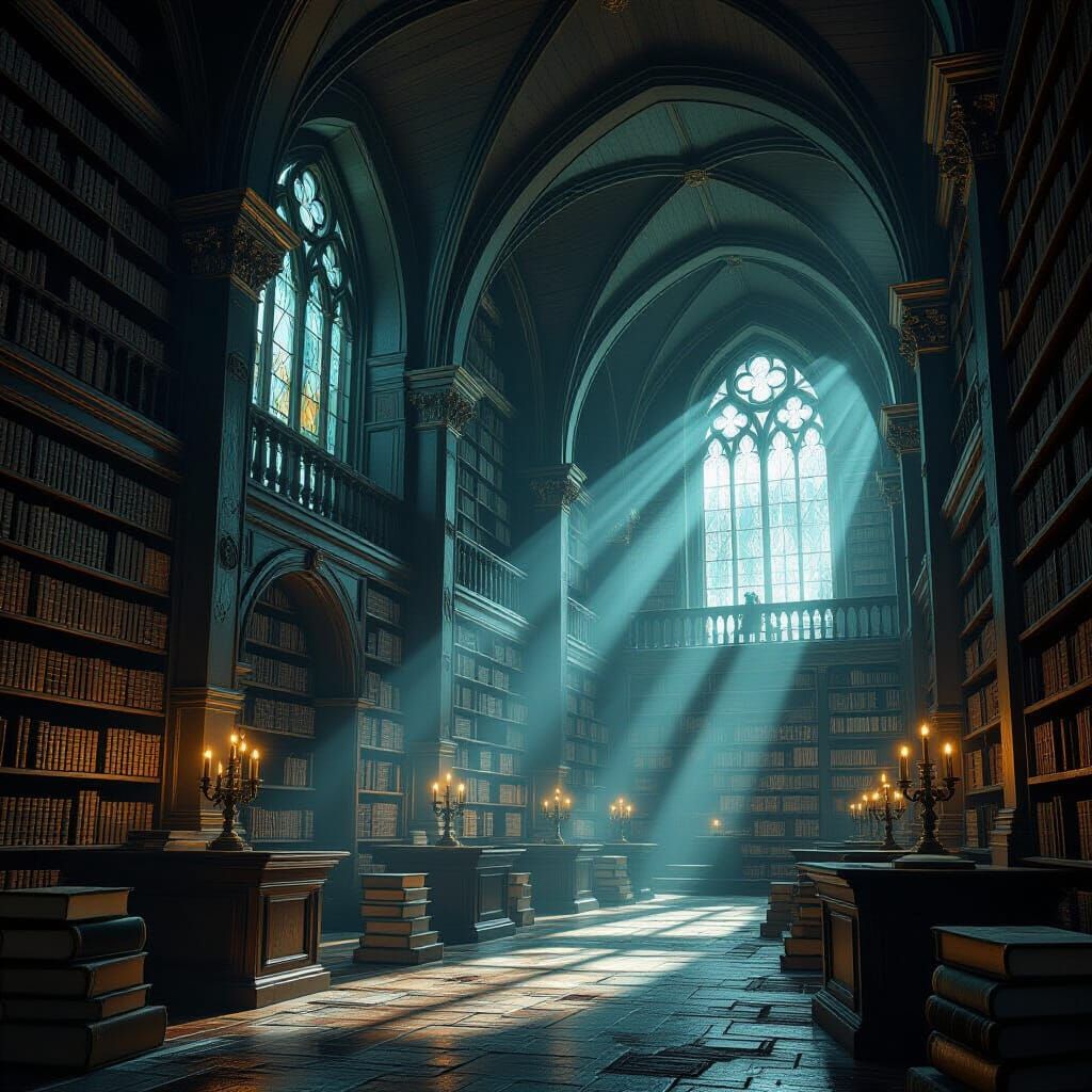Ancient Book Library in Ethereal Gothic Landscape