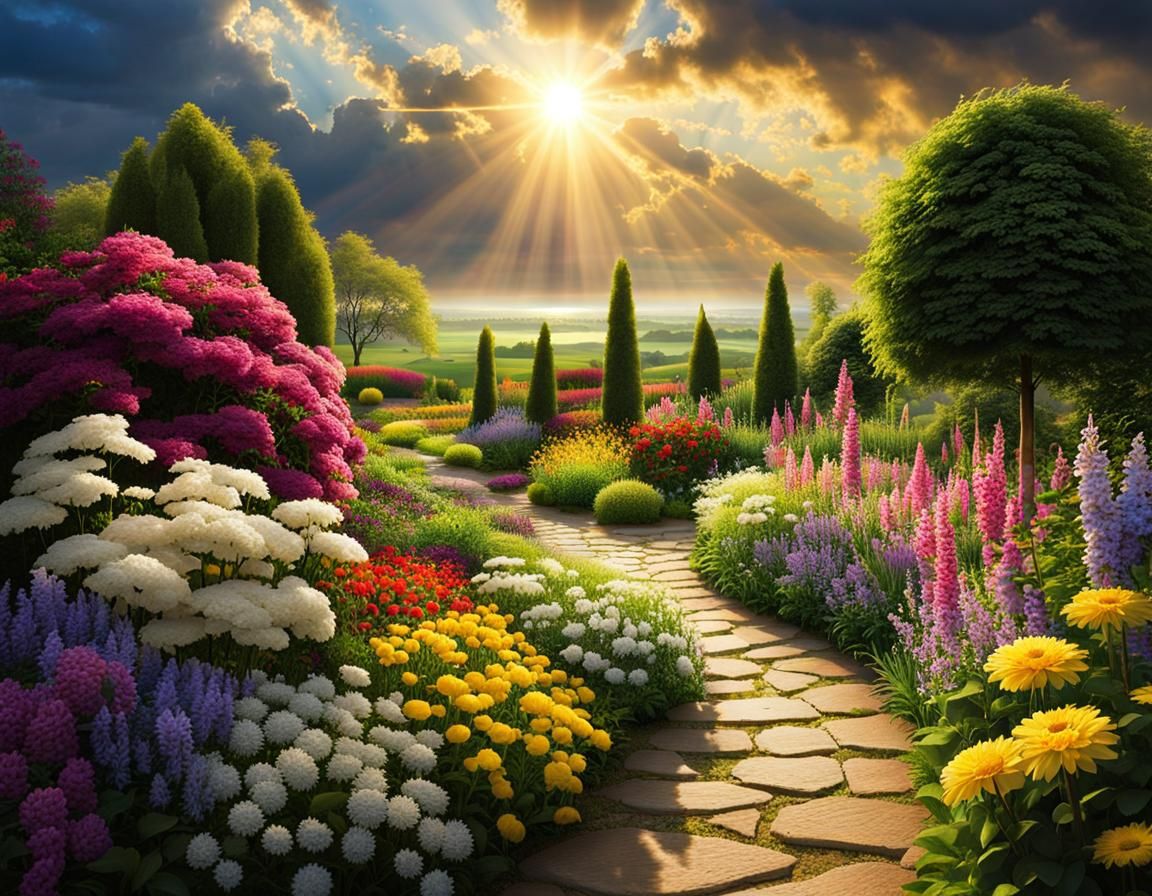 Sunlit Garden Path Through Flower Paradise
