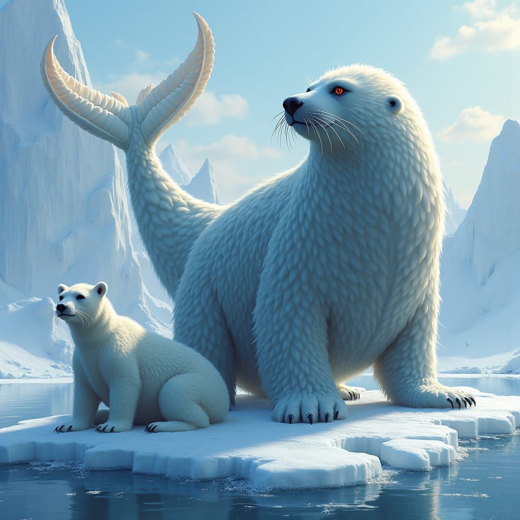 Seal-Whale Hybrid on Ice with Polar Bear and Narwhal