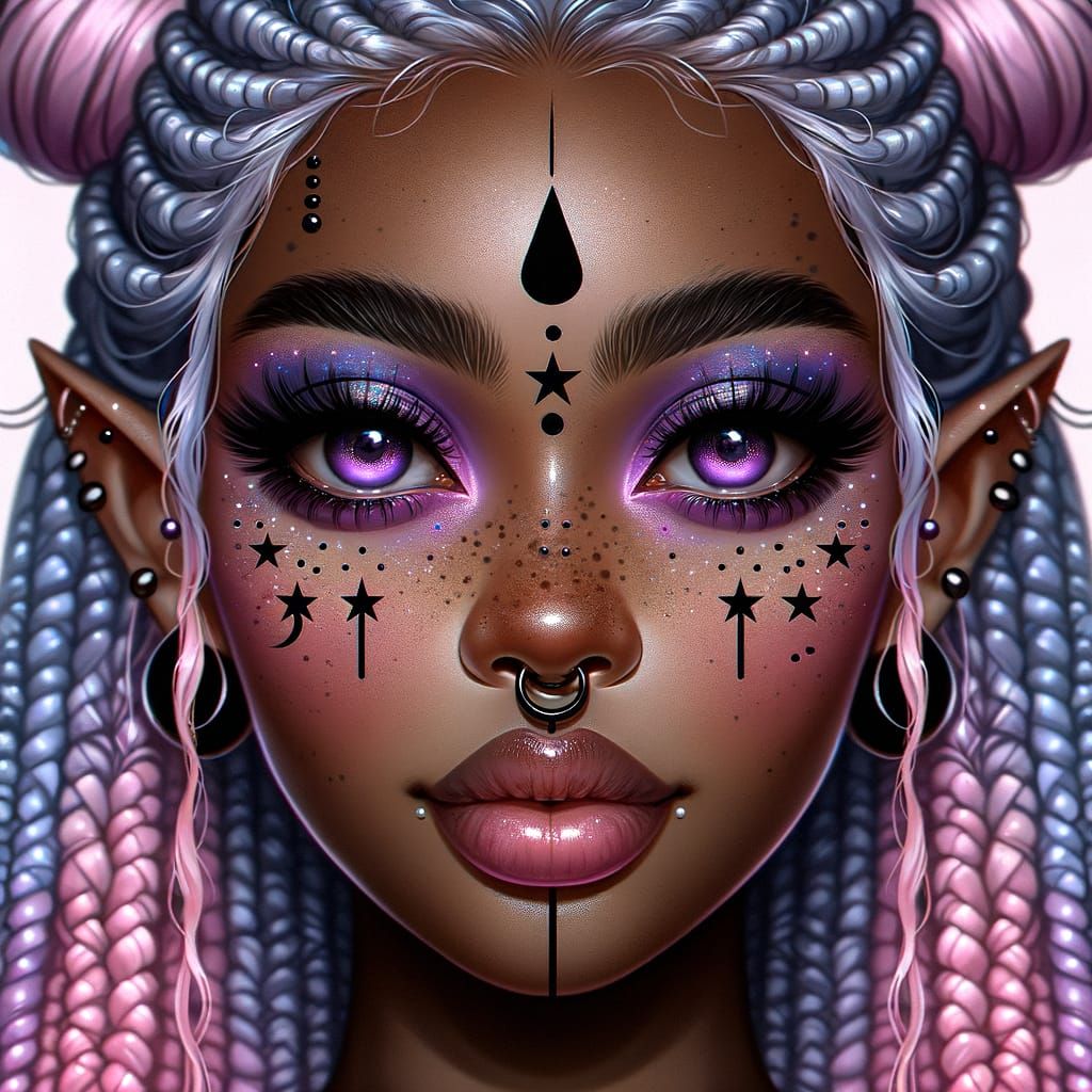 Ethereal Black Elf Woman with Vibrant Eyes and Intricate Fac...