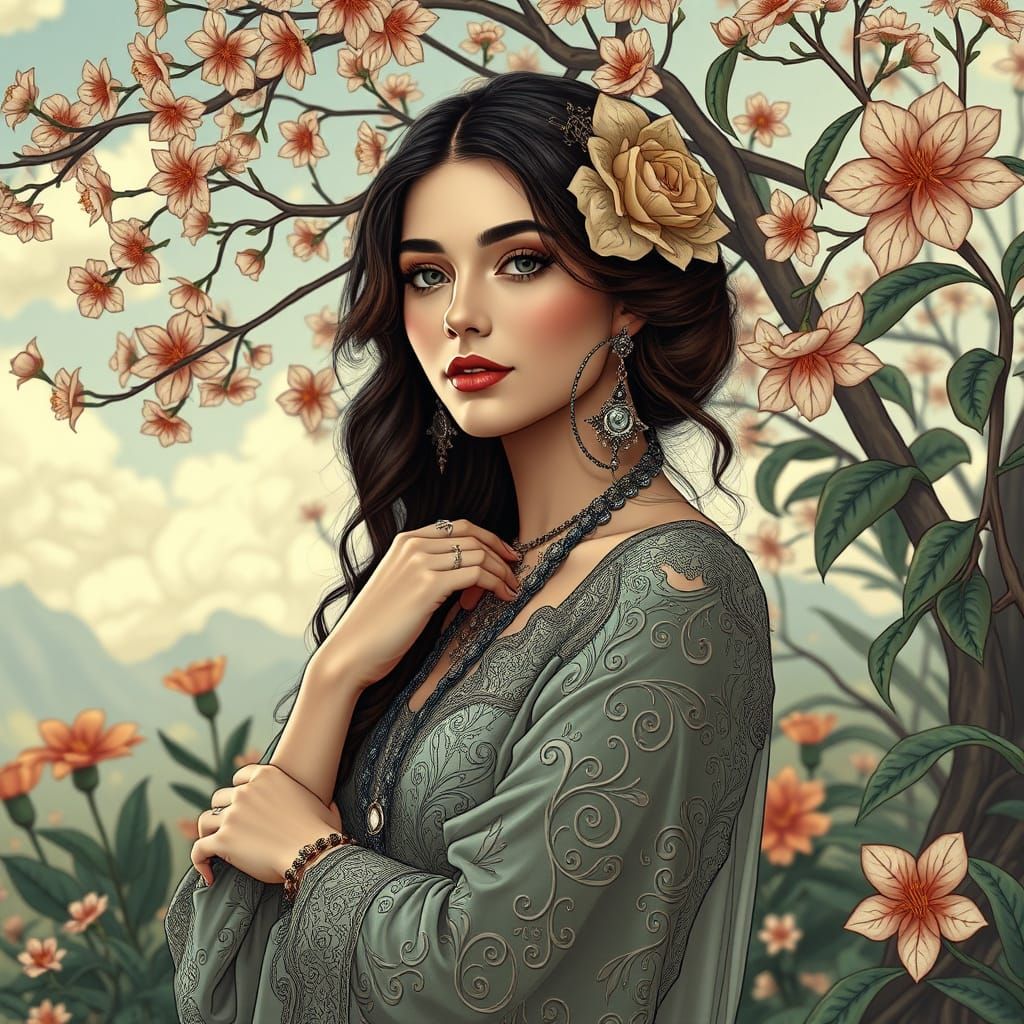 Elegant Woman in Whimsical Nature Scene