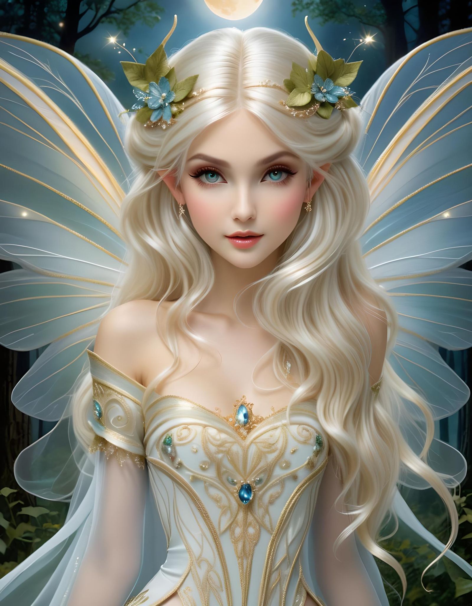 Ethereal Fairy Princess with Delicate Wings in Moonlit Fores...