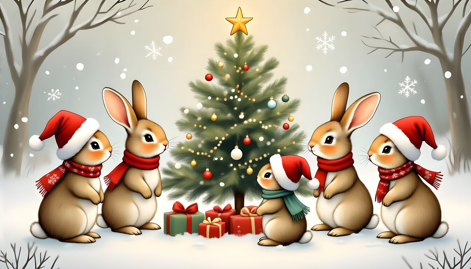 Whimsical Rabbits Decorate Christmas Tree in Storybook Style