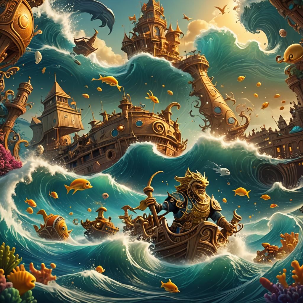 Ocean Churning by Gods and Demons in Cartoon Style