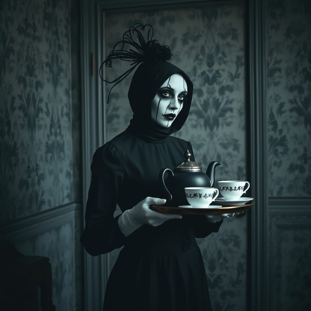 Mime Woman in Black Serves Tea in a Dark and Sinister Room