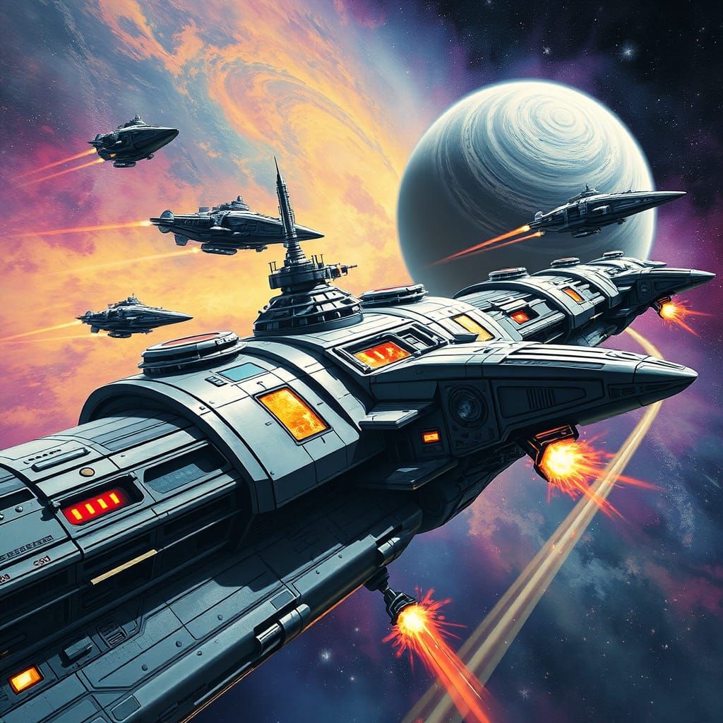 Futuristic Space Station Under Attack: Retro Sci-Fi Art