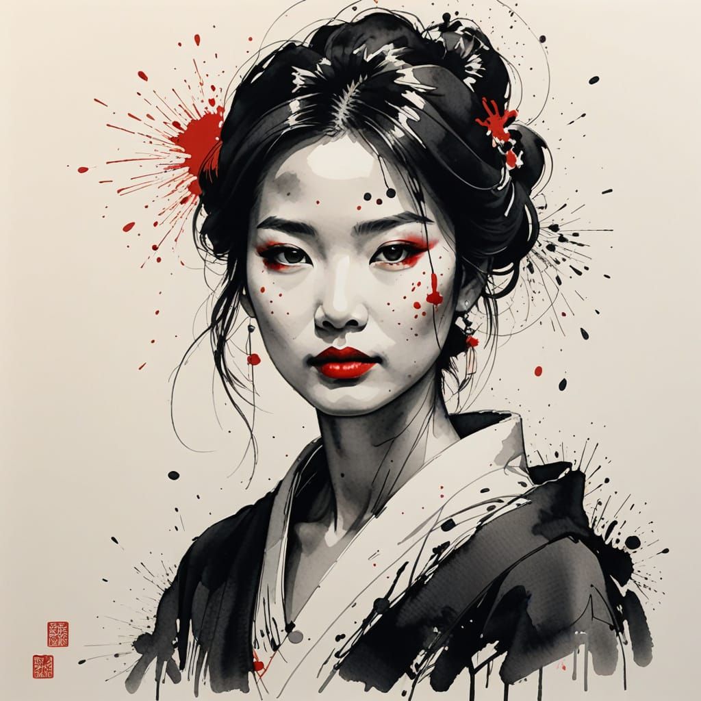 Surreal Sumi-e Portrait of a Woman