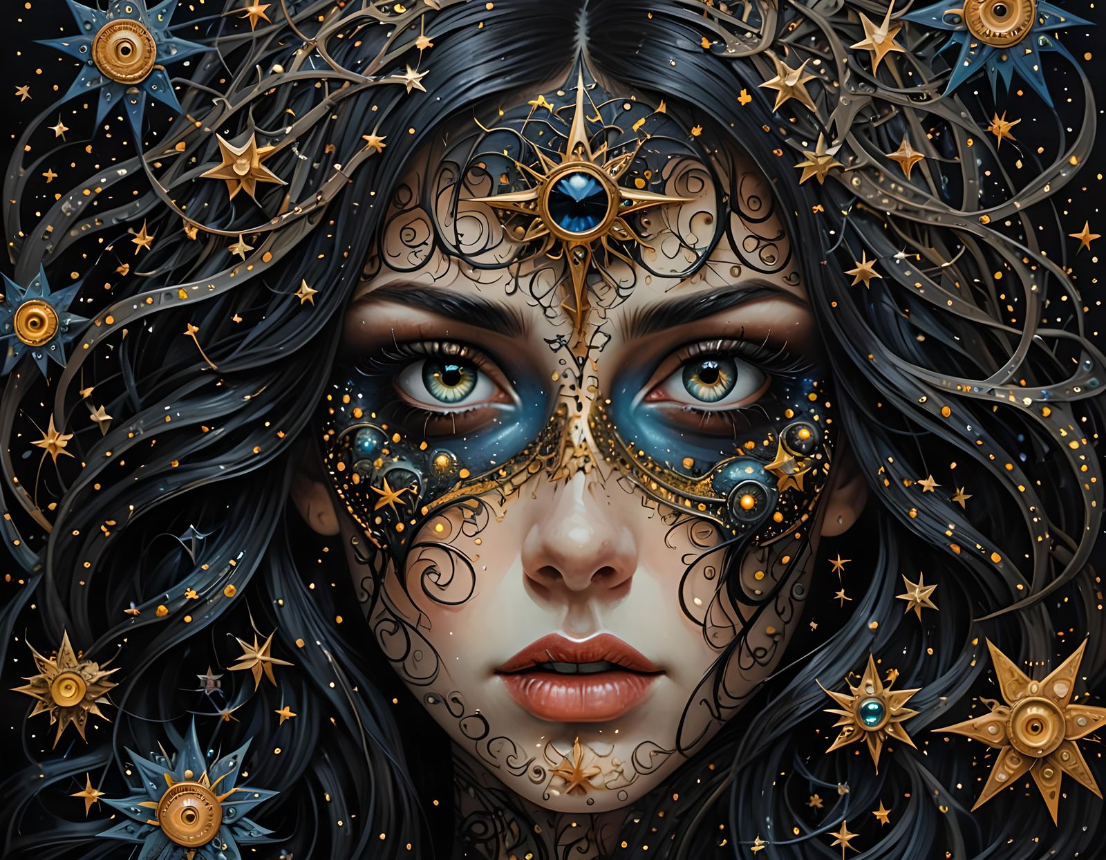 Detailed Starry Eyes in Shadow: Digital Art