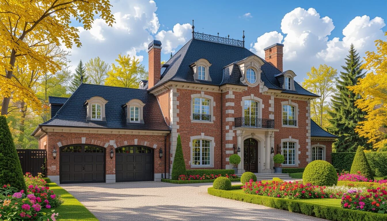 Grand Brick Chateau with Vibrant Garden and Painterly Style