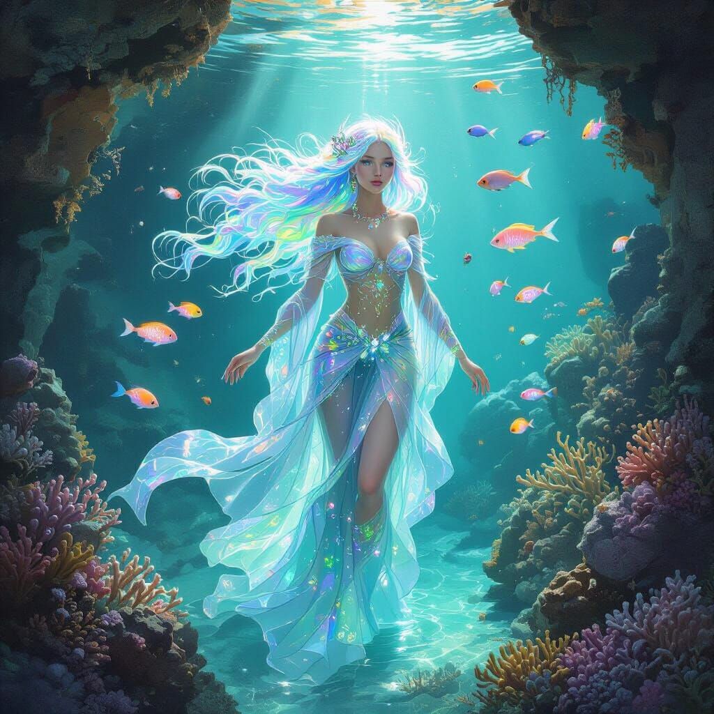 Ethereal Water Nymph in Underwater Grotto