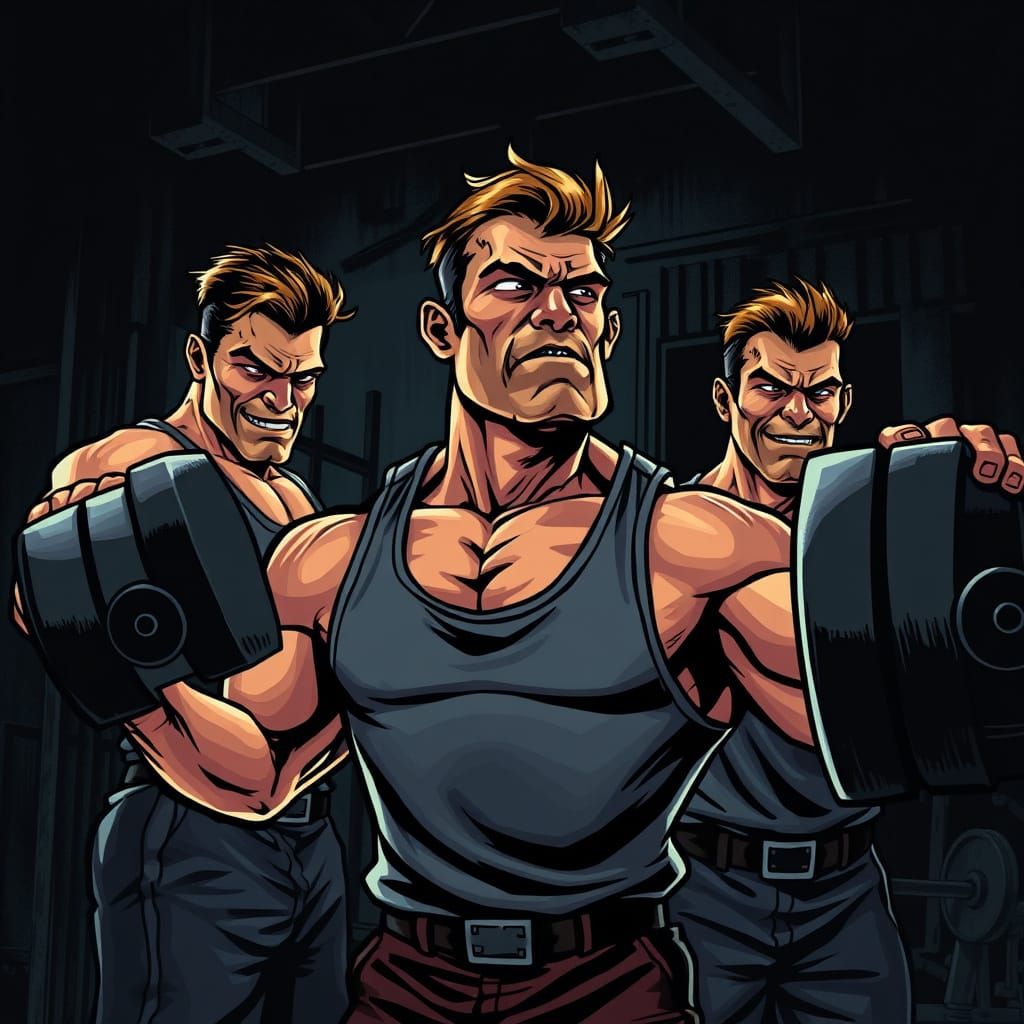 Muscular Men Weightlifting in Film Noir Style