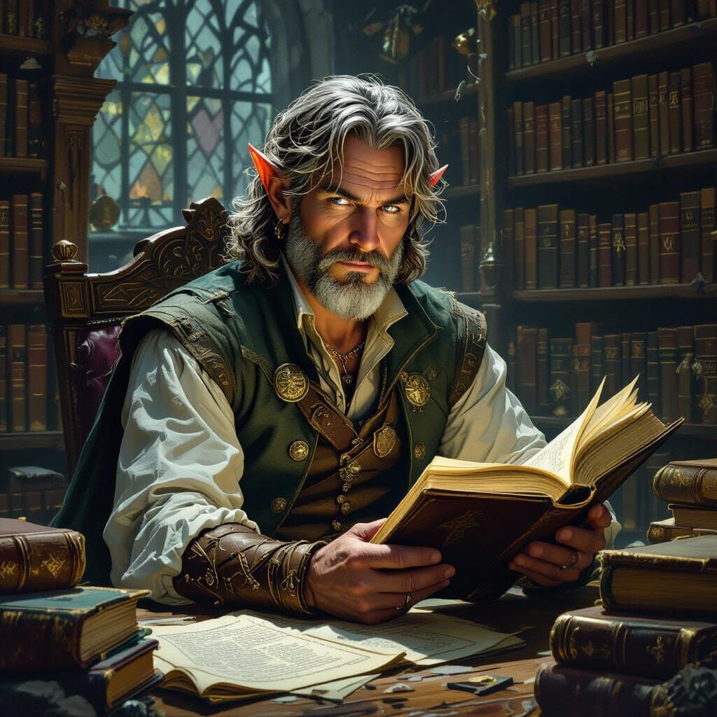 Half-Elf Librarian Surrounded by Ancient Tomes