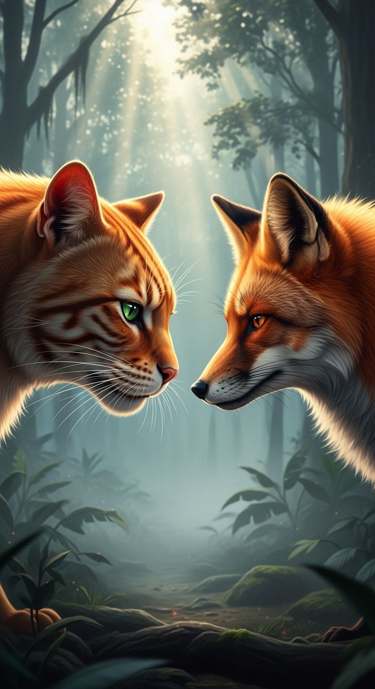 Intense Gaze: Cat and Fox in Misty Jungle