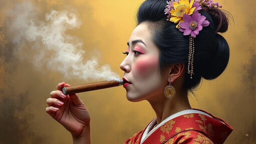 Geisha Smoking Cigar in Whimsical Expressionist Style