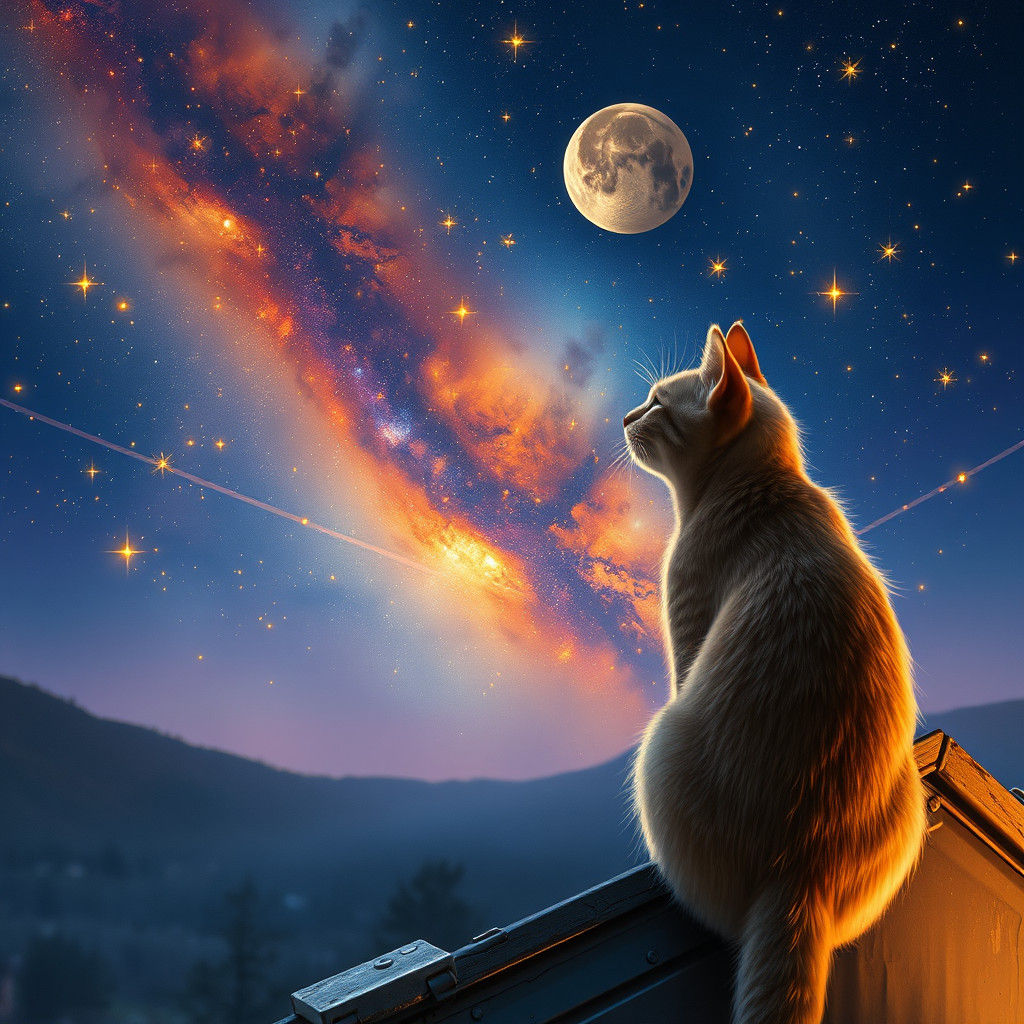 Cat Gazing at Starry Night Sky