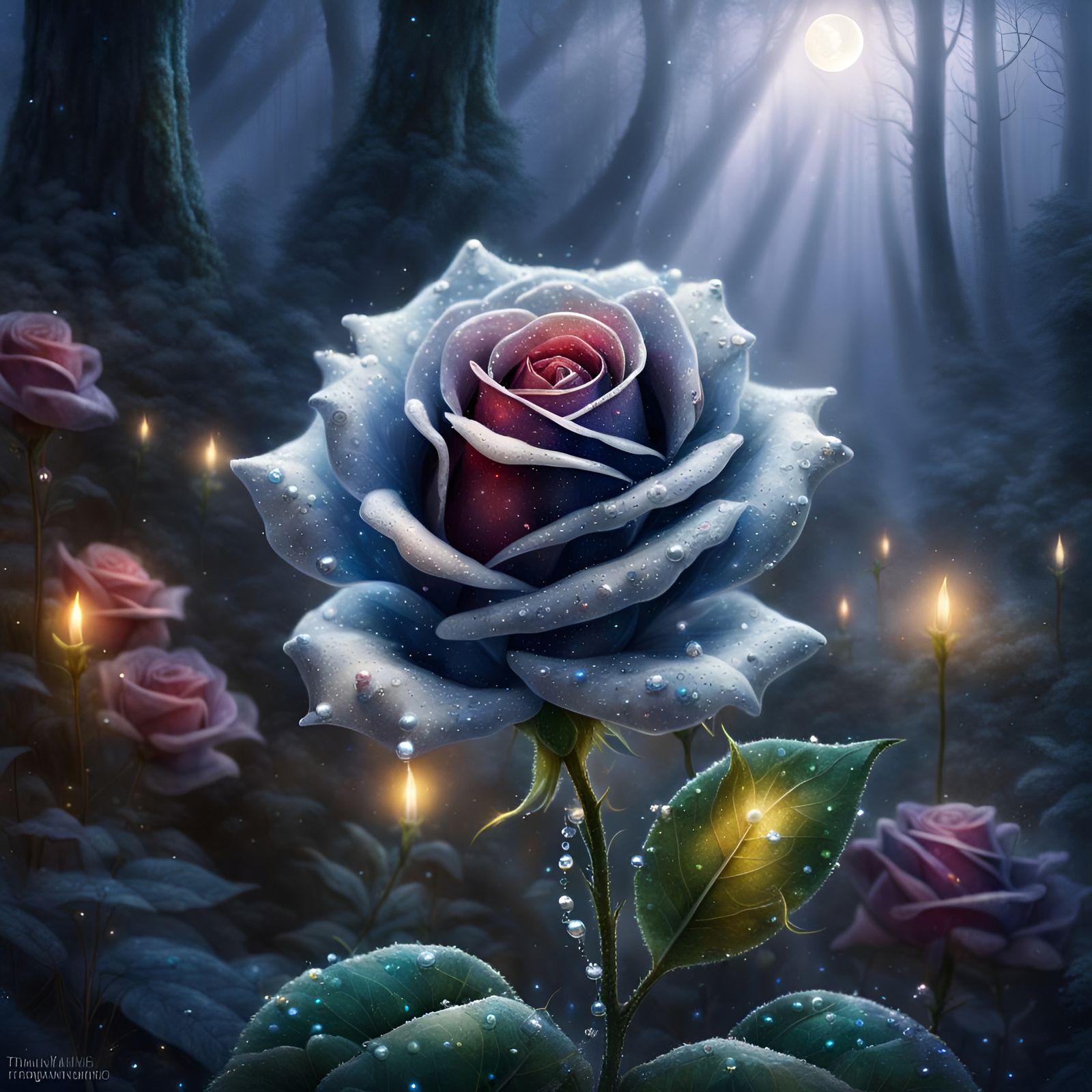 Silver Rose in Dark Fantasy Forest