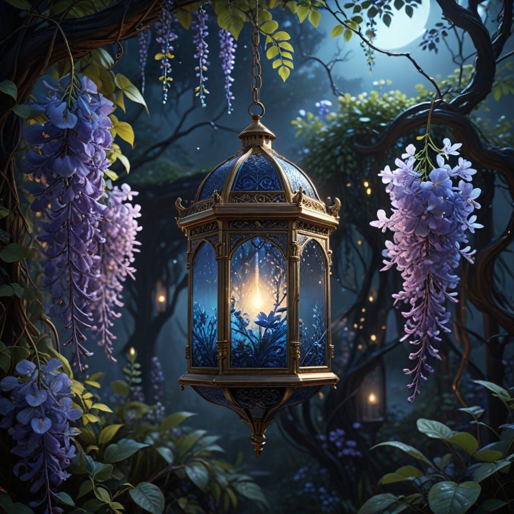 Glowing Wisteria Lantern in Moonlit Garden