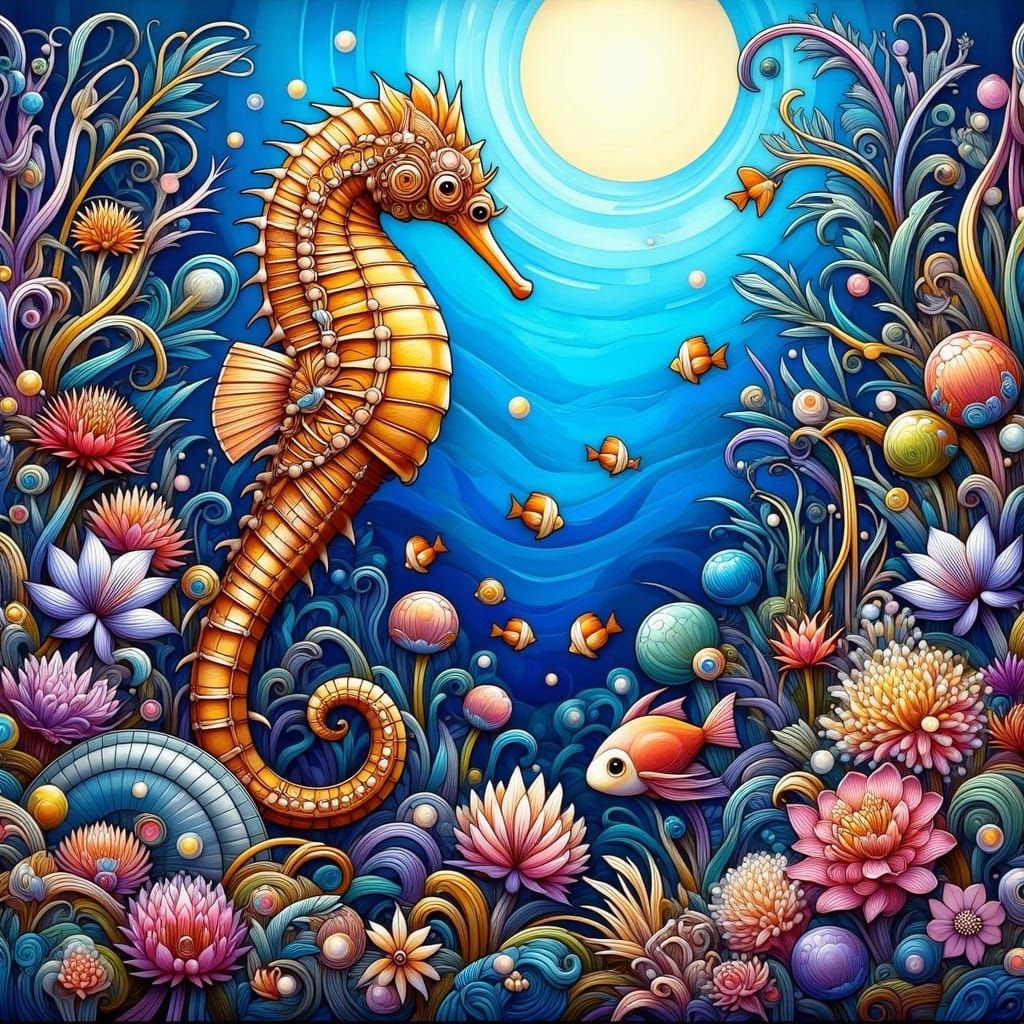 Seahorse in Art Deco Nouveau Style Underwater