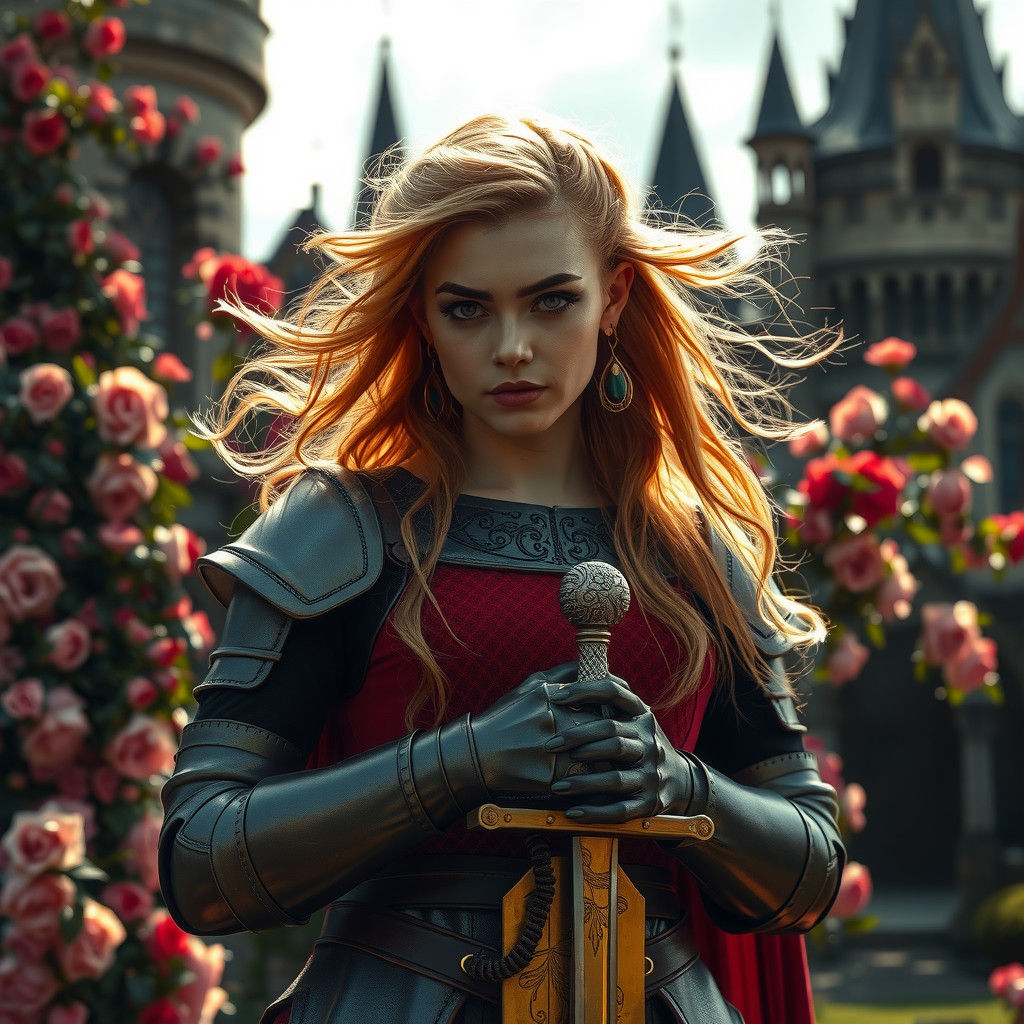 Elle fanning wanna be as a medieval knight in front of a castle. her hair is blowing in the wind around her face and she...