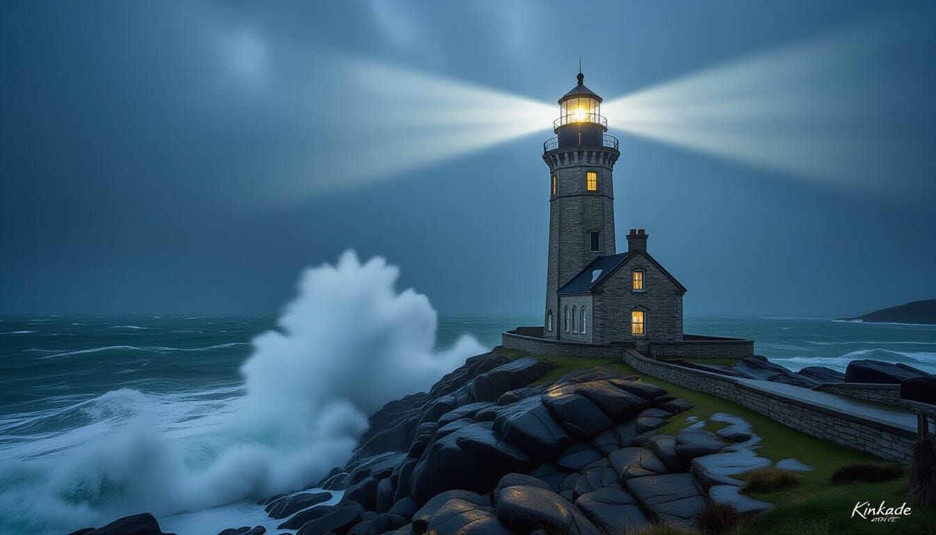 Majestic Lighthouse Beam Cuts Through Stormy Night