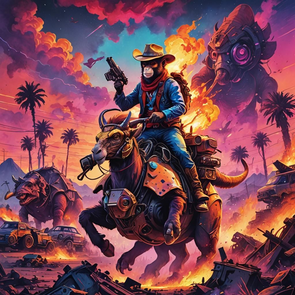 Cowboy Monkey Rides Triceratops in Burning Junkyard