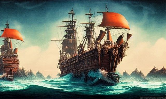 Flying Dutchman Ship in Surreal Digital Art Style