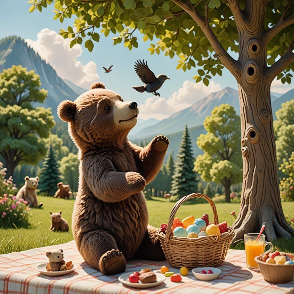 Claymation Bears Picnic on a Sunny Hillside