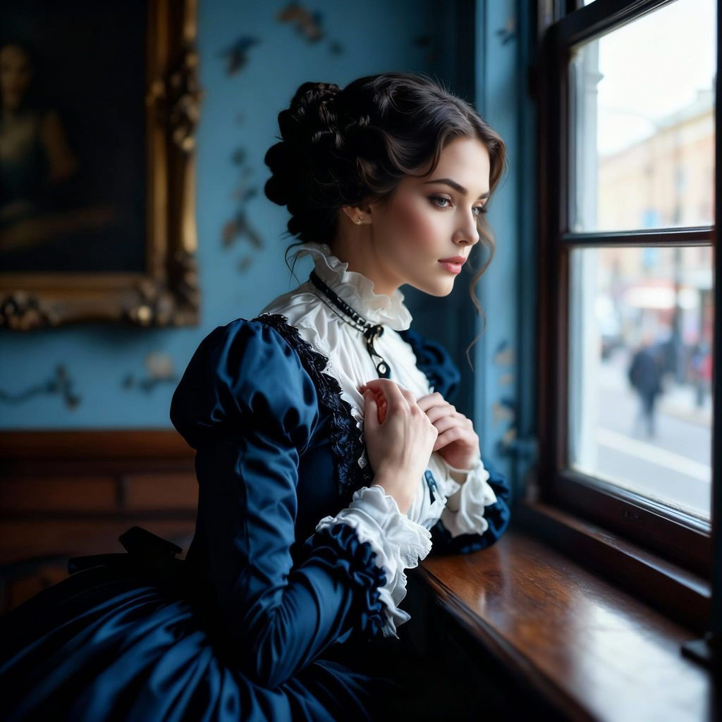 Victorian Woman Gazes Out Window in Soft Light