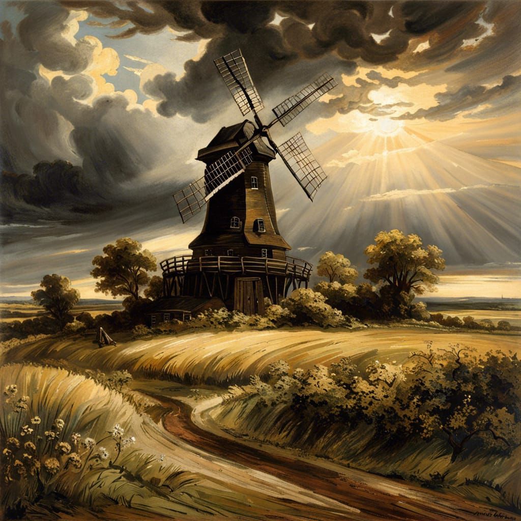 Old Windmill in Field with Sun Rays