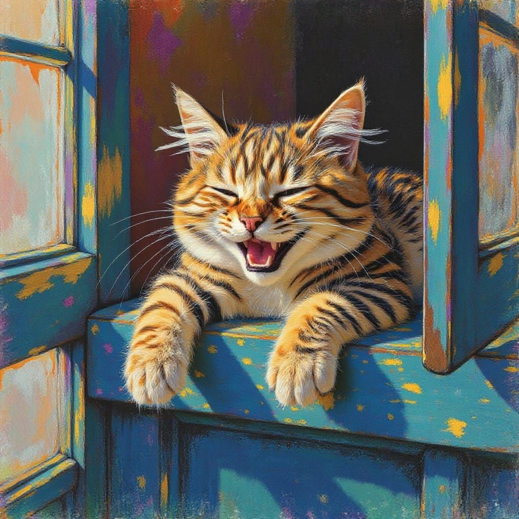 Happy Cat Sprawled on Doorway in Chalk Art Style