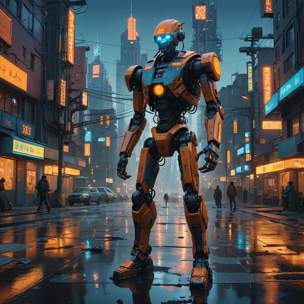 Cybernetic Person in Futuristic Cityscape