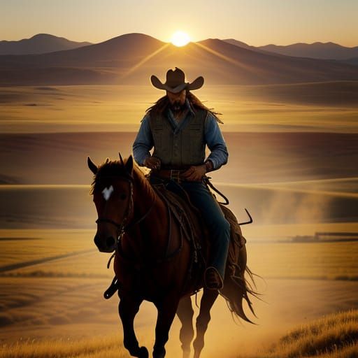 Lone Cowboy Rides Horse Through Rolling Hills at Sunset