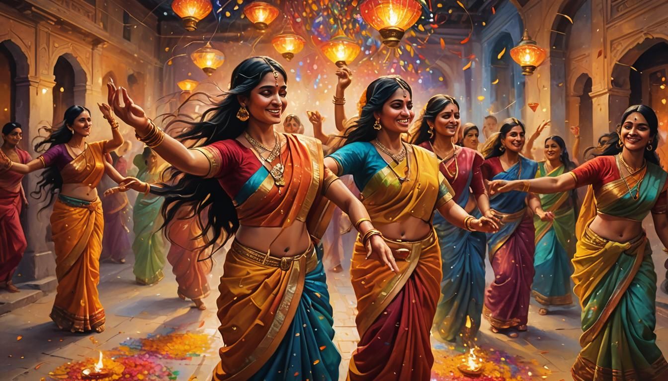 Diwali Celebration: Women Dancing in Oil Painting Style