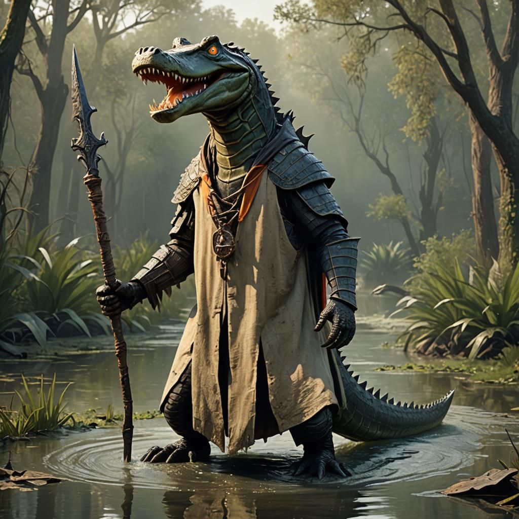 Humanoid Alligator Warrior in Bayou: 3D Digital Art