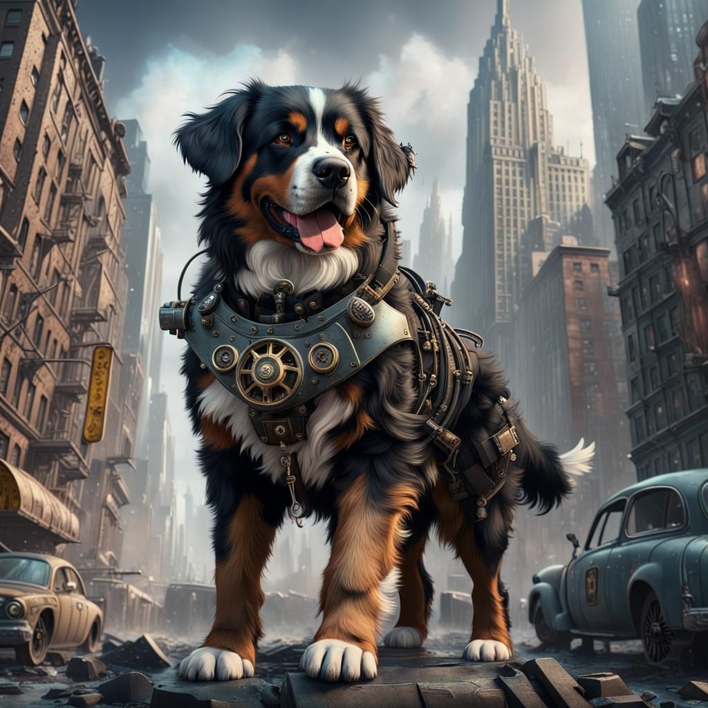 Steampunk Bernese Mountain Dog in Dystopian NYC