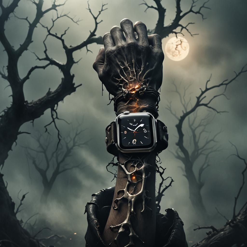 Creepy Apple Watch on Skeletal Wrist in Dark Fantasy