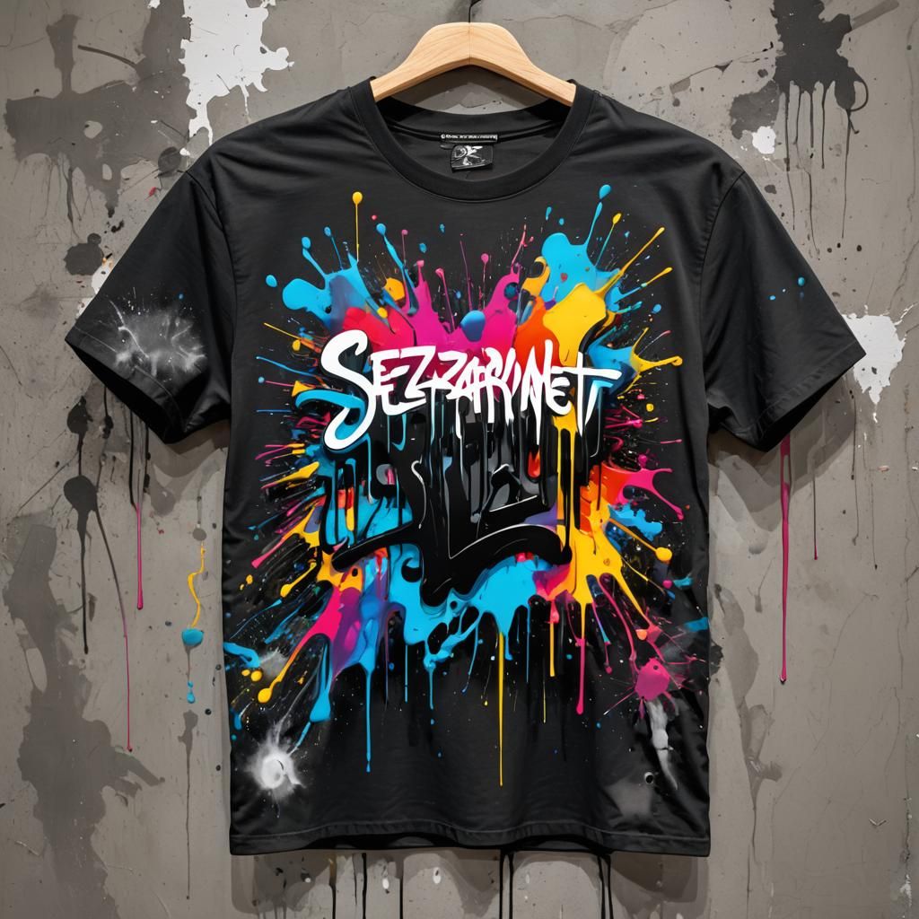 Black T-Shirt with "SEZARNET" Text in Graffiti Art